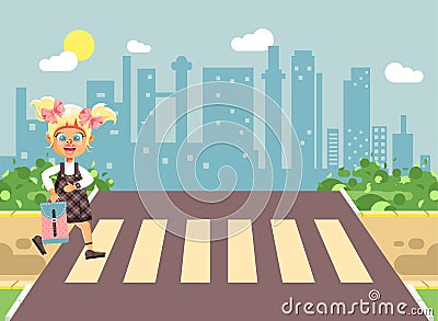 Vector illustration cartoon characters child, observance traffic rules, lonely blonde girl schoolchild, pupil go to road Vector Illustration