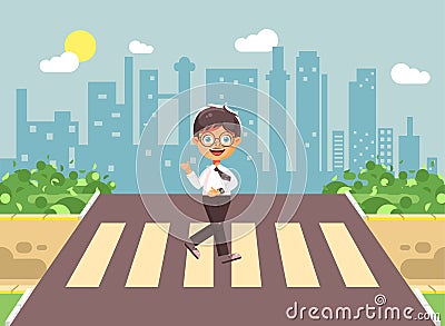 Vector illustration cartoon characters child, observance traffic rules, lonely brunette boy schoolchild, pupil go to Vector Illustration