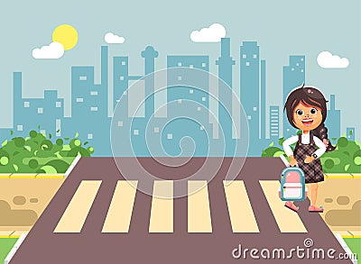 Vector illustration cartoon characters child, observance traffic rules, lonely brunette girl schoolchild, pupil go to Vector Illustration