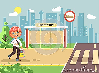 Vector illustration cartoon characters child, observance traffic rules, lonely redhead boy schoolchild, pupil go to road Vector Illustration