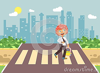 Vector illustration cartoon characters child, observance traffic rules, lonely redhead boy schoolchild, pupil go to road Vector Illustration