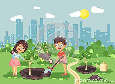 Vector illustration cartoon characters of children boy and girl dig hole in ground for planting in garden seedlings of Vector Illustration