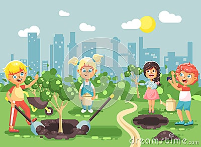 Vector illustration cartoon characters of children boy and girl planting in garden seedlings of tree, little child with Vector Illustration