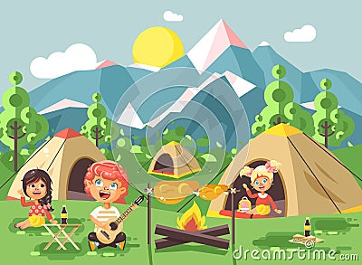 Vector illustration cartoon characters children boy sings playing guitar with girl scouts, camping on nature, hike tents Vector Illustration