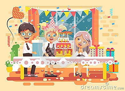 Vector illustration cartoon characters children, friends, boys, girls celebrate happy birthday, congratulating, giving Vector Illustration