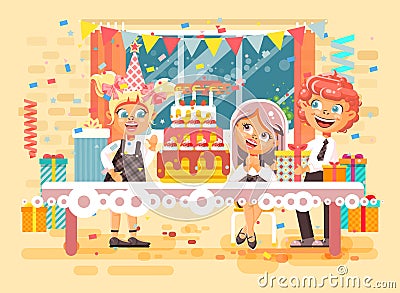 Vector illustration cartoon characters children, friends, boys, girls celebrate happy birthday, congratulating, giving Vector Illustration