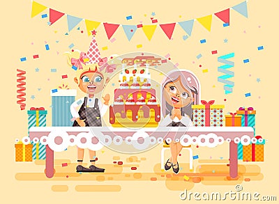 Vector illustration cartoon characters children, friends, two girls celebrate happy birthday, congratulating, giving Vector Illustration