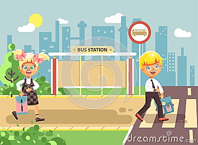 Vector illustration cartoon characters children, observance traffic rules, boy and girl schoolchildren classmates go to Vector Illustration