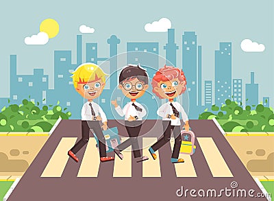 Vector illustration cartoon characters children, observance traffic rules, boy schoolboys, classmates pupils go to road Vector Illustration