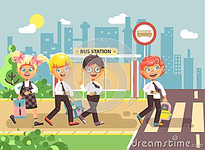 Vector illustration cartoon characters children, observance traffic rules, boys and girl schoolchildren classmates go to Vector Illustration