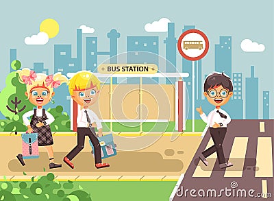 Vector illustration cartoon characters children, observance traffic rules, boys and girl schoolchildren classmates go to Vector Illustration