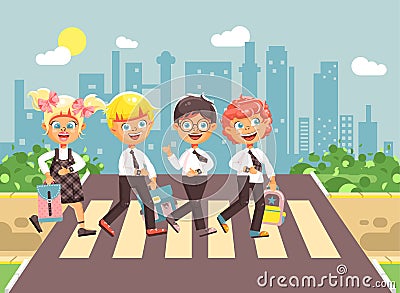 Vector illustration cartoon characters children, observance traffic rules, boys and girl schoolchildren classmates go to Vector Illustration