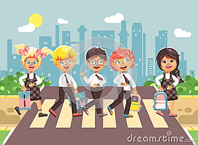 Vector illustration cartoon characters children, observance traffic rules, boys and girl schoolchildren classmates go to Vector Illustration