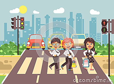 Vector illustration cartoon characters children, observance traffic rules, boys and girls schoolchildren classmates go Vector Illustration