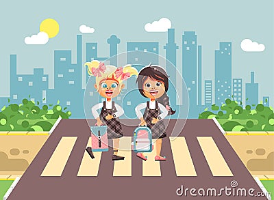 Vector illustration cartoon characters children, observance traffic rules, girls schoolgirls, classmates pupils go to Vector Illustration