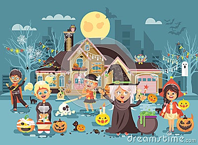 Vector illustration cartoon characters children Trick-or-Treat, boy, girl costumes, fancy dresses celebrate holiday Vector Illustration