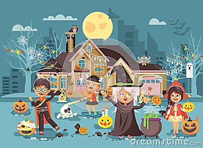 Vector illustration cartoon characters children Trick-or-Treat, boy, girl costumes, fancy dresses celebrate holiday Vector Illustration