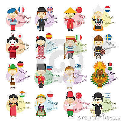 Vector illustration of 16 cartoon characters saying hello and welcome in different languages Vector Illustration