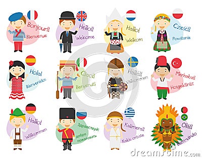 Vector illustration of cartoon characters saying hello and welcome in 12 different languages Vector Illustration