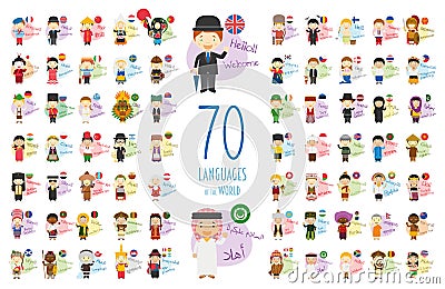 Vector illustration of cartoon characters saying hello and welcome in 70 different languages Vector Illustration