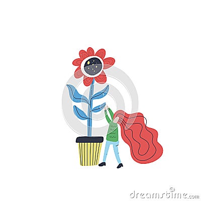 Small Woman Gardening Vector Illustration