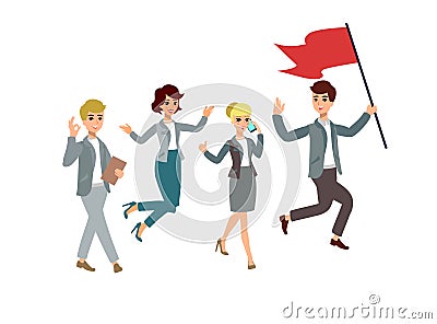 Vector illustration with cartoon characters. Team building. Leadership. Management. Successful team. Vector Illustration