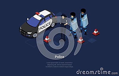 Vector Illustration. Cartoon 3D Style With Characters. Isometric Composition On Police Team People Concept. Automobile Vector Illustration