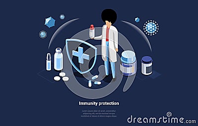 Vector Illustration In Cartoon 3D Style. Isometric Composition On Dark Background With Text And Characters. Immunity Vector Illustration
