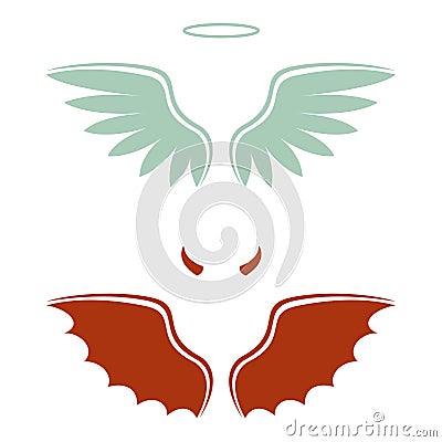 Cartoon devil and angel, good and bad choice, wings, horns and halo Vector Illustration