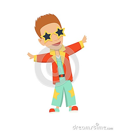 Vector illustration of cartoon disco dancer with star glasses. Vector Illustration