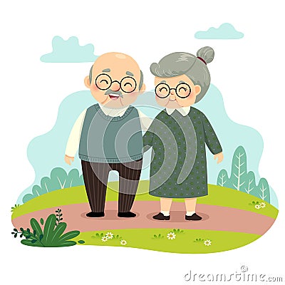 Cartoon of elderly couple standing and holding hands in the park. Happy grandparents day concept Vector Illustration