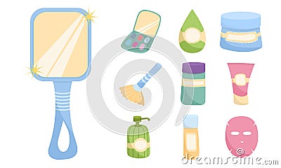 Set of 10 items on the topic of makeup, personal care, self-care. Vector illustration in cartoon flat style, hand-drawn drawing. Vector Illustration