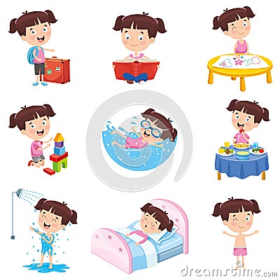 Vector Illustration Of Cartoon Girl Doing Various Activities Vector Illustration