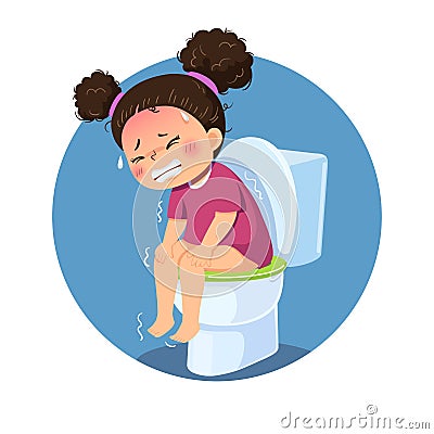 Cartoon girl sitting on the toilet and suffering from diarrhea or constipation. Health Problems concept Vector Illustration