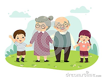 Cartoon of grandparents and grandchildren standing holding hands in the park. Happy grandparents day concept Vector Illustration