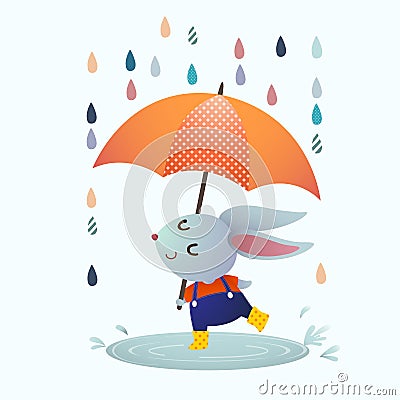 Cartoon gray rabbit splashing in a puddle in rainy day Vector Illustration