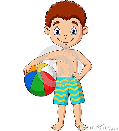 Cartoon happy boy holding beach ball Vector Illustration