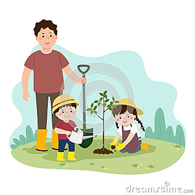 Cartoon happy children helping their father planting the young tree. Family enjoying time at home concept Vector Illustration