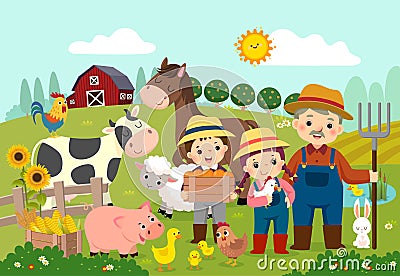 Cartoon of happy farmer and kids with farm animals on the farm Vector Illustration