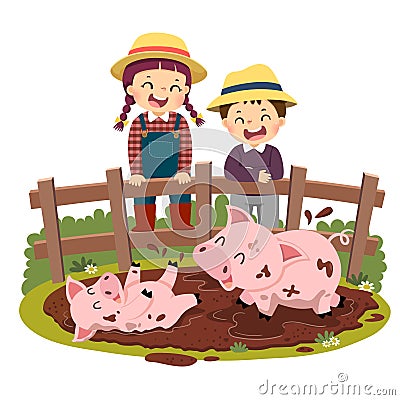 Cartoon of happy kids looking at pig and piglet playing in mud puddle Vector Illustration