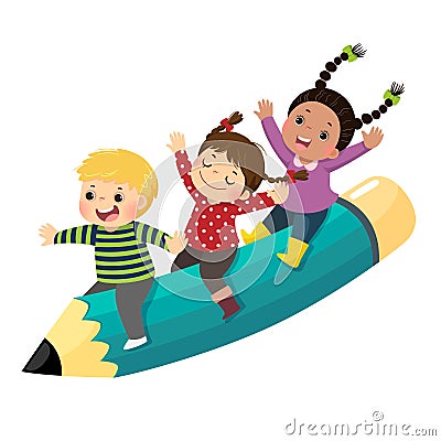 Cartoon of happy three kids riding a flying pencil on white background Vector Illustration