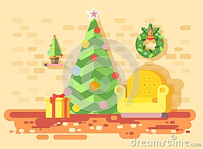 Vector illustration cartoon home interior comfortable chair, room with Christmas tree spruce, happy New Year, Merry Vector Illustration