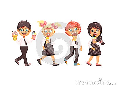 Vector illustration cartoon isolated characters children, pupils, schoolboys, schoolgirls eat ice cream, vanilla Vector Illustration