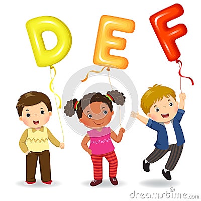 Cartoon kids holding letter DEF shaped balloons Vector Illustration