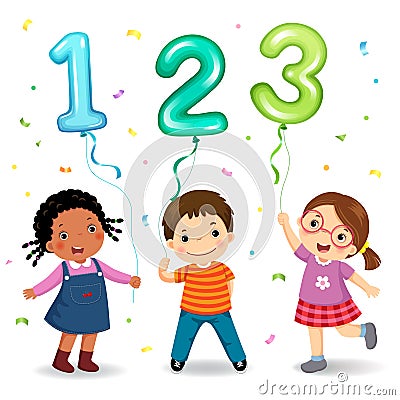 Cartoon kids holding number 123 shaped balloons Vector Illustration