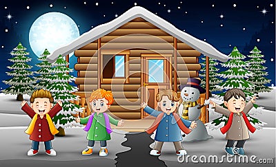 Cartoon kids singing in front of the snowing house Vector Illustration