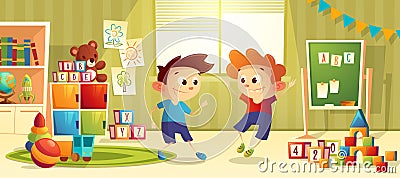 Vector cartoon preschool kindergarten with boys, toys Vector Illustration