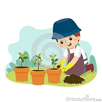 Cartoon of a little boy doing gardening. Kids doing housework chores at home concept Vector Illustration