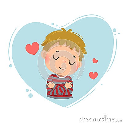 Cartoon of a little boy hugging himself on blue heart background. Love yourself concept Vector Illustration