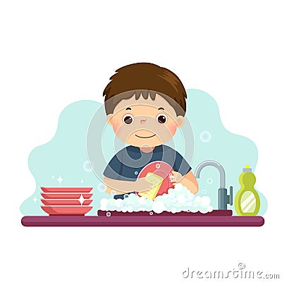 Cartoon of a little boy washing the dishes in kitchen. Kids doing housework chores at home concept Vector Illustration